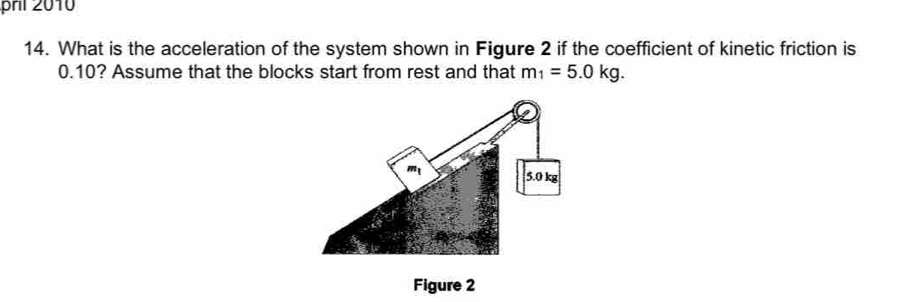 pril 2010 
14. What is the acceleration of the system shown in Figure 2 if the coefficient of kinetic friction is
0.10? Assume that the blocks start from rest and that m_1=5.0kg.