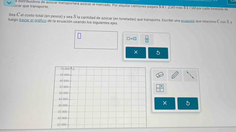 a distribuidora de azúcar transportará azúcar al mercado. Por alquilar camiones pagará $47250 más $1750 por cada tonelada de 
lúcar que transporte. 
Sea C el costo total (en pesos) y sea S la cantidad de azúcar (en toneladas) que transporta. Escribir una ecuación que relacione C con S, y 
luego trazar el gráfico de la ecuación usando los siguientes ejes.
□ =□  □ /□   
× 
|^x 
× s