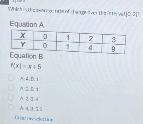 point
Which is the average rate of change over the interval [0,2]
Equation A
uation B
f(x)=x+5
A: 4, I 3:1
A: 2 B:1
A: 2, B: 4
A: 4, B: 3.5
Clear my selection