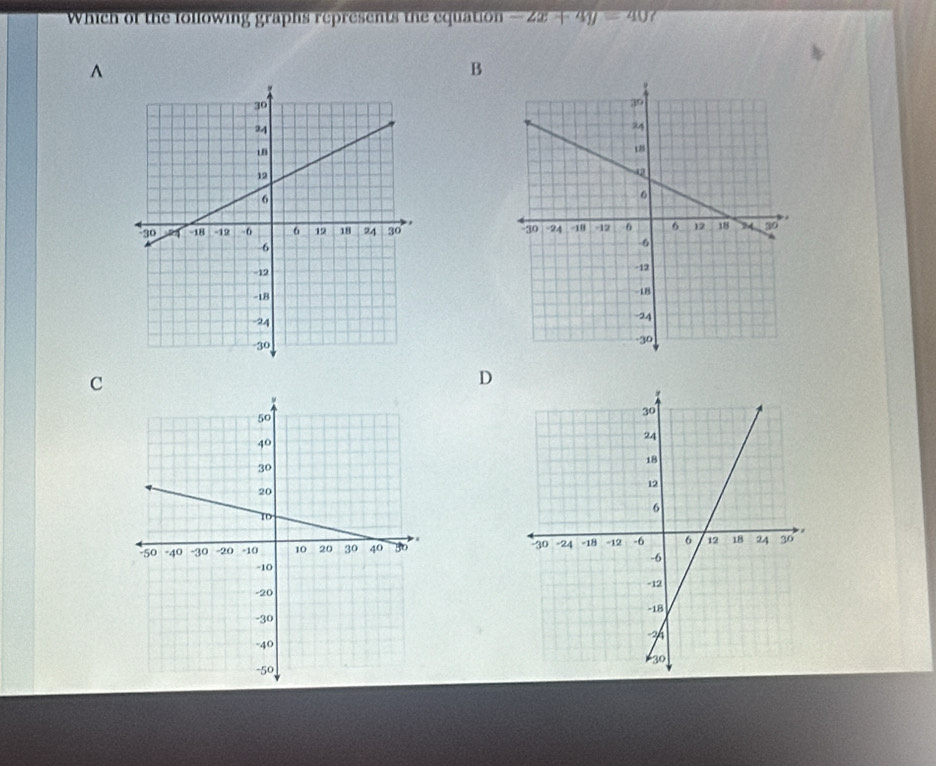 Which of the following graphs represents the equation -2x+4y-40
^ 
B 



C 
D