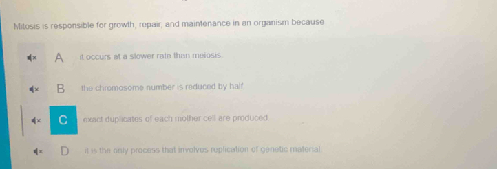 Mitosis is responsible for growth, repair, and maintenance in an organism because
A it occurs at a slower rate than meiosis
B the chromosome number is reduced by half
C exact duplicates of each mother cell are produced.
it is the only process that involves replication of genetic material