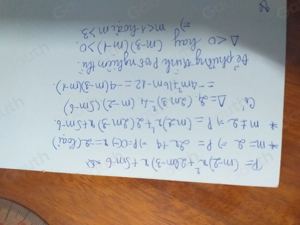 P=(m-2)x^2+2(m-3)x+5m-6=0
× m=2Rightarrow P=2x+4 p=0Leftrightarrow x=-2 ( ) 
* m+2eta P=(m-2)x^2+2(2m-3)x+5m-6. 
co Delta =24· (2m-3)^2-4(m-2)(5m-6)
=-4m^2+16m-12=-4(m-3)(m-1). 
bephacling uink Poongliem thù
Delta <0</tex> tay (m-3)(m-1)>0
2 m<1</tex> hoac m>3.