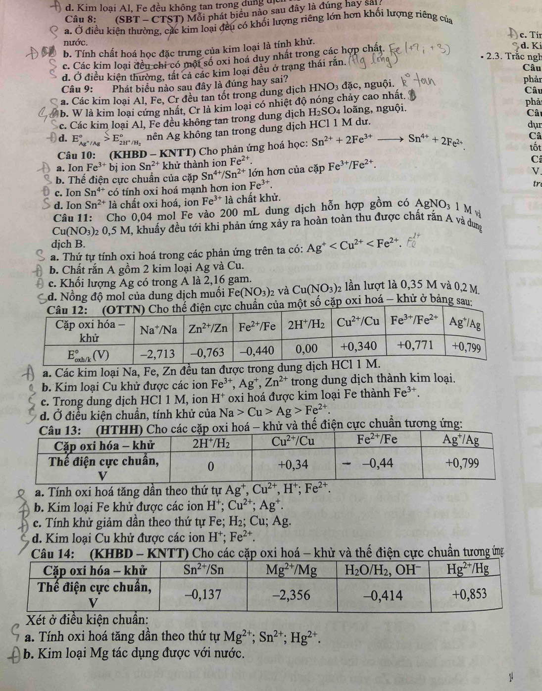 d. Kim loại Al, Fe đều không tan trong dung địci
Câu 8: (SBT - CTST) Mỗi phát biểu nào sau đây là đúng hay sải?
a. Ở điều kiện thường, các kim loại đều có khối lượng riêng lớn hơn khối lượng riêng của
c. Tír
nước. d. Ki
b. Tính chất hoá học đặc trưng của kim loại là tính khử.
2.3. Trắc ngh
c. Các kim loai đều chỉ có một số oxi hoá duy nhất trong các hợp chất.
d. Ở điều kiện thường, tất cả các kim loại đều ở trạng thái rắn.
Câu
Câu 9: Phát biểu nào sau đây là đúng hay sai? phải
a. Các kim loại Al, Fe, Cr đều tan tốt trong dung dịch HNO_3 đặc, nguội. Câu
phản
b. W là kim loại cứng nhất, Cr là kim loại có nhiệt độ nóng chảy cao nhất.
c. Các kim loại Al, Fe đều không tan trong dung dịch H_2SO_4 loãng, nguội.
Cât
d. E_Ag^+/Ag^circ >E_2H^+/H_2^circ  nên Ag không tan trong dung dịch HCl 1 M dư.
dụr
Câu 10: (KHBD - KNTT) Cho phản ứng hoá học: Sn^(2+)+2Fe^(3+) _  Sn^(4+)+2Fe^(2+).
Câ
tốt
a. Ion Fe^(3+)bi ion Sn^(2+) khử thành ion Fe^(2+).
V.
b. Thế điện cực chuẩn của cặp Sn^(4+)/Sn^(2+) lớn hơn của cặp Fe^(3+)/Fe^(2+). C
c. Ion Sn^(4+) có tính oxi hoá mạnh hơn ion Fe^(3+).
tr
d. Ion Sn^(2+) là chất oxi hoá, ion Fe^(3+)la chất khử.
Câu 11: Cho 0,04 mol Fe vào 200 mL dung dịch hỗn hợp gồm có AgNO_3 1M
Cu(NO_3) 3)2 0,5 M, khuấy đều tới khi phản ứng xảy ra hoàn toàn thu được chất rắn A và dung
dịch B.
a. Thứ tự tính oxi hoá trong các phản ứng trên ta có: Ag^+
b. Chất rắn A gồm 2 kim loại Ag và Cu.
c. Khối lượng Ag có trong A là 2,16 gam.
d. Nồng độ mol của dung dịch muối Fer (NO_3) 2 và Cu(NO_3)_2 lần lượt là 0,35 M và 0,2 M.
thế điện cực chuẩn của một số cặp oxi hoá - khử ở bảng sau:
a. Các kim loại Na, Fe, Zn đều tan được trong dun
b. Kim loại Cu khử được các ion Fe^(3+),Ag^+,Zn^(2+) trong dung dịch thành kim loại.
c. Trong dung dịch HCl 1 M, ion H^+ oxi hoá được kim loại Fe thành Fe^(3+).
d. Ở điều kiện chuẩn, tính khử của Na>Cu>Ag>Fe^(2+).
á - khử và thế điện cực chuẩn tương ứng:
a. Tính oxi hoá tăng dần theo thứ tự Ag^+,Cu^(2+),H^+;Fe^(2+).
b. Kim loại Fe khử được các ion H^+;Cu^(2+);Ag^+.
c. Tính khử giảm dần theo thứ tự Fe; H_2;Cu; Ag.
d. Kim loại Cu khử được các ion H^+;Fe^(2+).
Câu 14:  (KHBD - KNTT) Cho các cặp oxi hoá - khử và thế điện cực chuẩn tương ứng
a. Tính oxi hoá tăng dần theo thứ tự Mg^(2+);Sn^(2+);Hg^(2+).
b. Kim loại Mg tác dụng được với nước.
