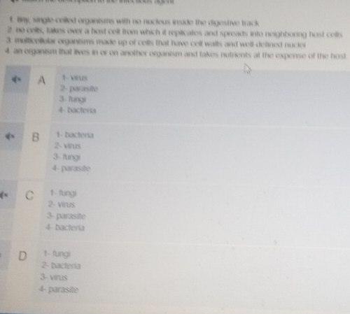 Biny, single celled organisms with no nucleus inside the digestive track
2. no cells, takes over a host cell from which it replicates and spreads into neighboring host cells
3. multicellular organisms made up of cells that have cell walls and well-defined nucler
4, an organism that lives in or on another organism and takes nutrients at the expense of the host
A 1 Virus
2- parasite
3 fungi
4 bacteria
B 1 - bactería
2 virus
3 fungi
4- parasite
C 1 - fungi
2- virus
3- parasite
4- bacteria
D 1- fungi
2- bacteria
3- virus
4- parasite