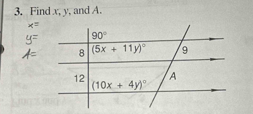 Find x, y, and A.