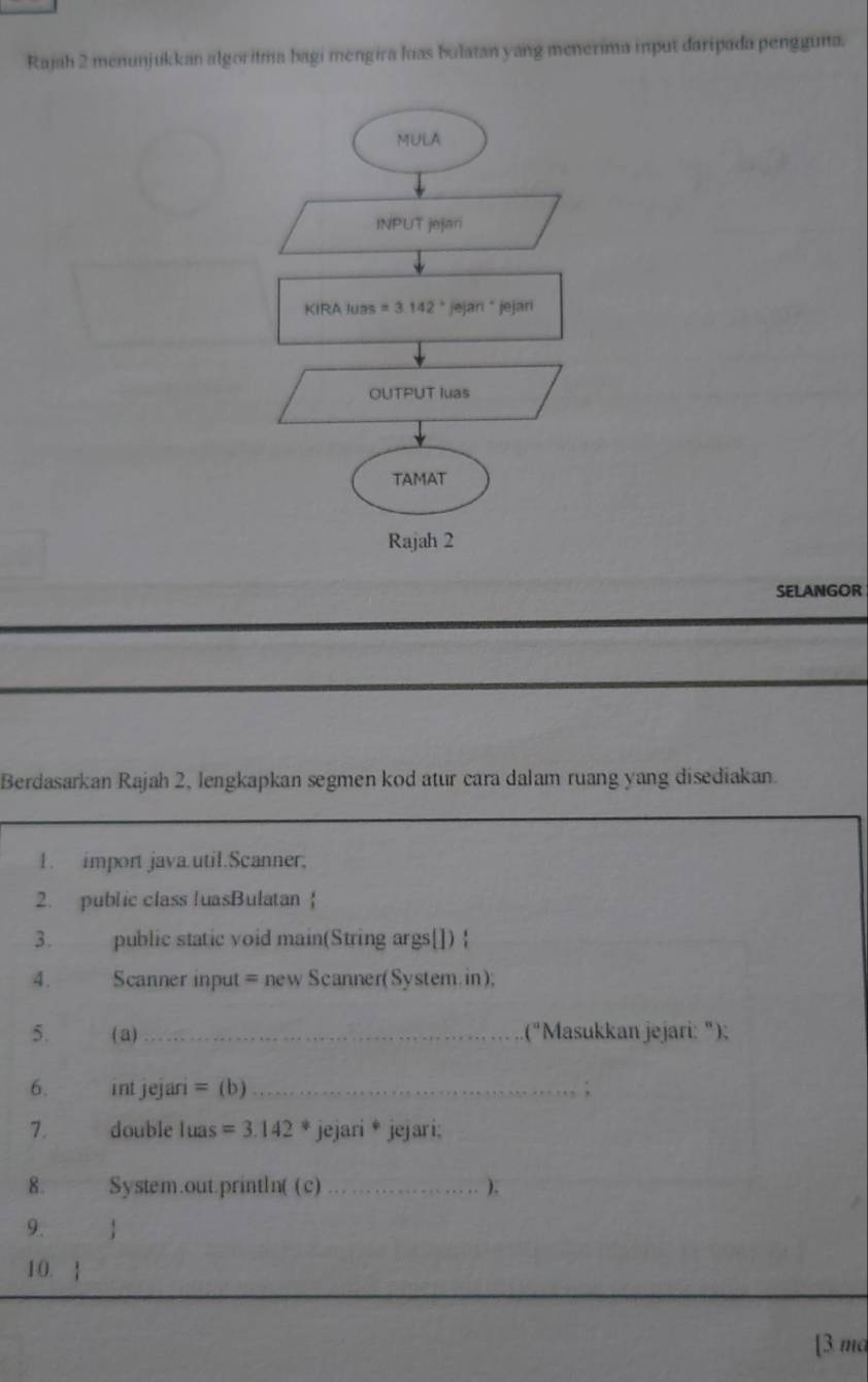 Rajah 2 menunjukkan algoritma bagi mengira luas bulatan yang menerima input daripada pengguna. 
KIRA Iuas =3.142° jejari * jejari 
OUTPUT luas 
TAMAT 
Rajah 2 
SELANGOR 
Berdasarkan Rajah 2, lengkapkan segmen kod atur cara dalam ruang yang disediakan. 
1. import java.util.Scanner, 
2. public class luasBulatan | 
3. public static void main(String args[]) ! 
4. Scanner input = new Scanner(System.in); 
5. ( a)_ ("Masukkan jejari: "); 
6. int jejari = (b) _; 
7. double luas =3.142^* jejari * jejari; 
8. System.out.println( ( c) _), 
9.  
10.  
[3 ma