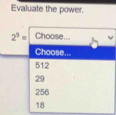 Evaluate the power.
2^9=