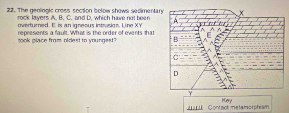 The geologic cross section below shows sedimentar 
rock layers A, B, C, and D, which have not been 
overturned. E is an igneous intrusion. Line XY
represents a fault. What is the order of events that 
took place from oldest to youngest? 
Key 
Contact metamorphism