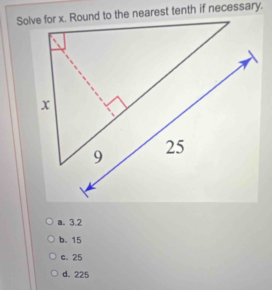 a. 3.2
b. 15
c. 25
d. 225