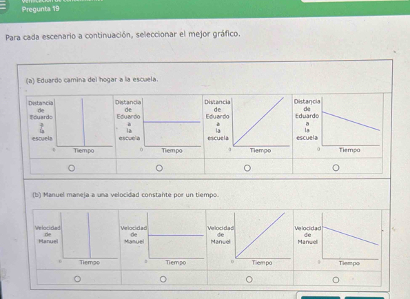 Pregunta 19 
Para cada escenario a continuación, seleccionar el mejor gráfico. 
(a) Eduardo camina del hogar a la escuela. 
Distancia 
de 
Eduardo 
escuela 
0 Tiempo 
(b) Manuel maneja a una velocidad constante por un tiempo.