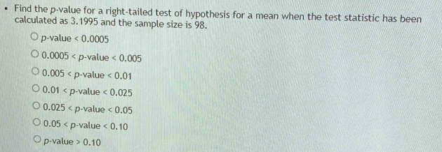 Find the p -value for a right-tailed test of hypothesis for a mean when the test statistic has been
calculated as 3.1995 and the sample size is 98.
p-value<0.0005
0.0005 <0.005
0.005
0.01
0.025
0.05
p-value>0.10