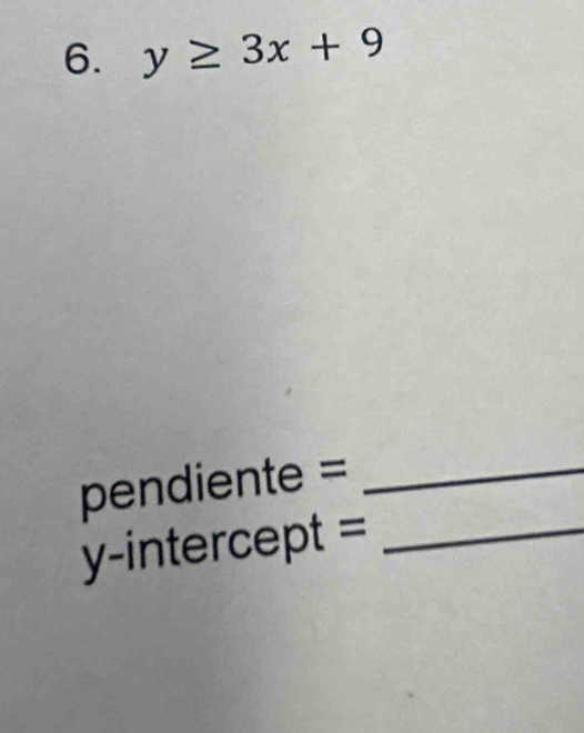 y≥ 3x+9
pendiente =_ 
y-intercept =_