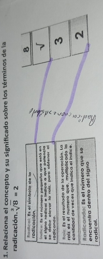 Relaciona el concepto y su significado sobre los términos de la
radicación. sqrt[3](8)=2