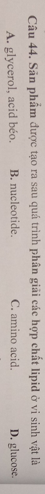 Sản phẩm được tạo ra sau quá trình phân giải các hợp chất lipid ở vi sinh vật là
C. amino acid.
A. glycerol, acid béo. B. nucleotide. D. glucose.