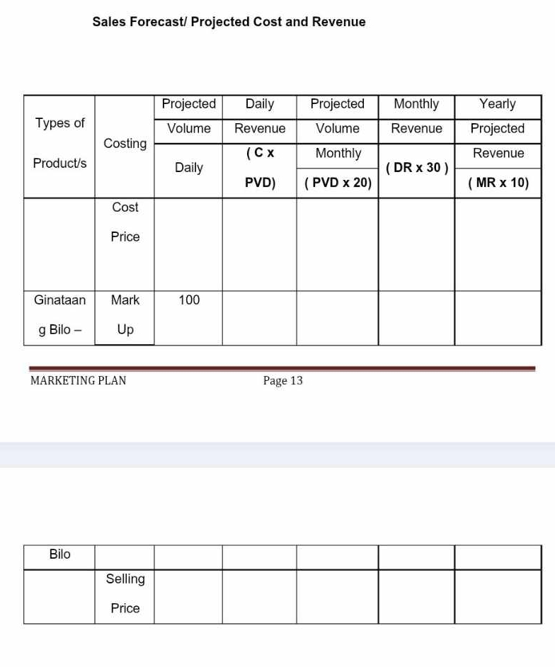 Sales Forecast/ Projected Cost and Revenue
MARKETING PLAN Page 13