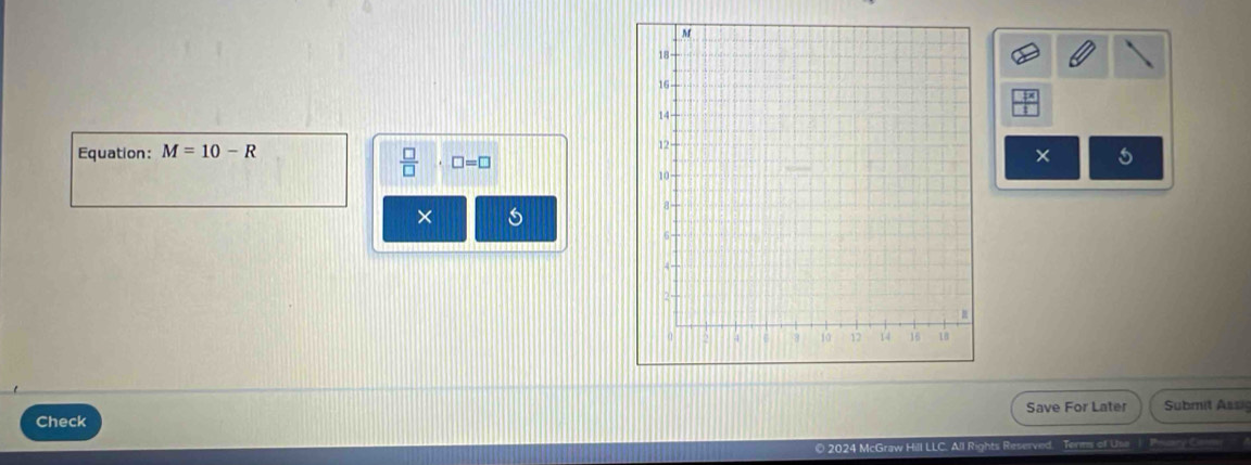 Equation: M=10-R
 □ /□  · □ =□
× 
× 
Save For Later Submit Assi 
Check 
2024 McGraw Hill LLC. All Rights Reserved. Terms of Use Pn C