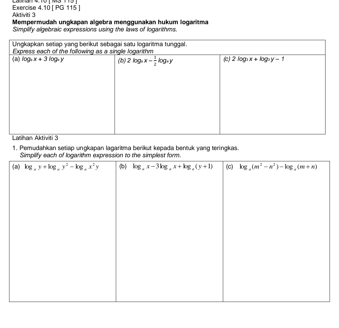 Latinan 4:10 [ MS 115 ]
Exercise 4.10 [ PG 115 ]
Aktiviti 3
Mempermudah ungkapan algebra menggunakan hukum logaritma
Simplify algebraic expressions using the laws of logarithms.
1. Pemudahkan setiap ungkapan lagaritma berikut kepada bentuk yang teringkas.