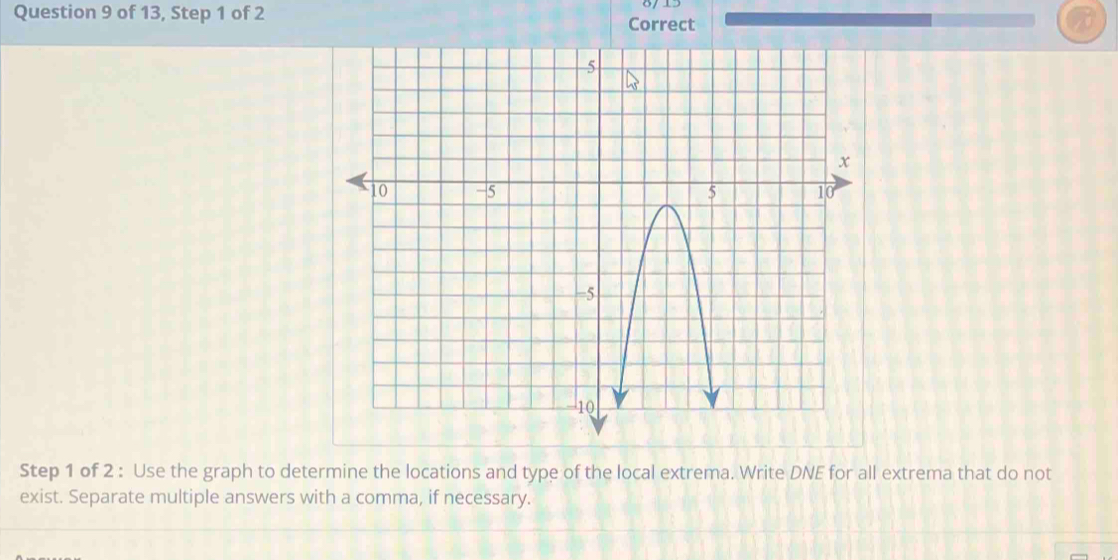 of 13, Step 1 of 2 8/15 
Correct 
Step 1 of 2 : Use the graph to determine the locations and type of the local extrema. Write DNE for all extrema that do not 
exist. Separate multiple answers with a comma, if necessary.