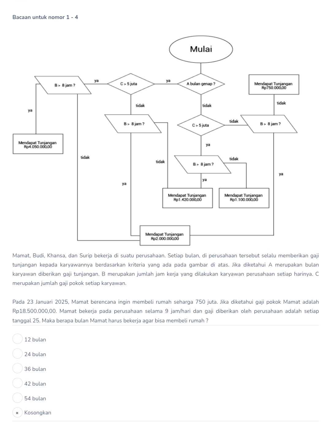 Bacaan untuk nomor 1-4
Mamat, Budi, Khansa, dan Surip bekerja di suatu perusahaan. Setiap bulan, di perusahaan tersebut selalu memberikan gaji
tunjangan kepada karyawannya berdasarkan kriteria yang ada pada gambar di atas. Jika diketahui A merupakan bulan
karyawan diberikan gaji tunjangan. B merupakan jumlah jam kerja yang dilakukan karyawan perusahaan setiap harinya. C
merupakan jumlah gaji pokok setiap karyawan.
Pada 23 Januari 2025, Mamat berencana ingin membeli rumah seharga 750 juta. Jika diketahui gaji pokok Mamat adalah
Rp18.500.000,00. Mamat bekerja pada perusahaan selama 9 jam/hari dan gaji diberikan oleh perusahaan adalah setiap
tanggal 25. Maka berapa bulan Mamat harus bekerja agar bisa membeli rumah ?
12 bulan
24 bulan
36 bulan
42 bulan
54 bulan
x Kosongkan