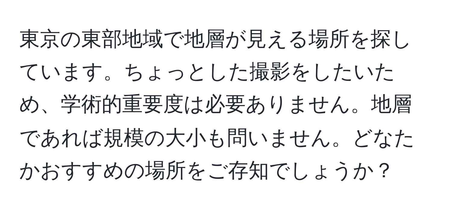 東京の東部地域で地層が見える場所を探しています。ちょっとした撮影をしたいため、学術的重要度は必要ありません。地層であれば規模の大小も問いません。どなたかおすすめの場所をご存知でしょうか？