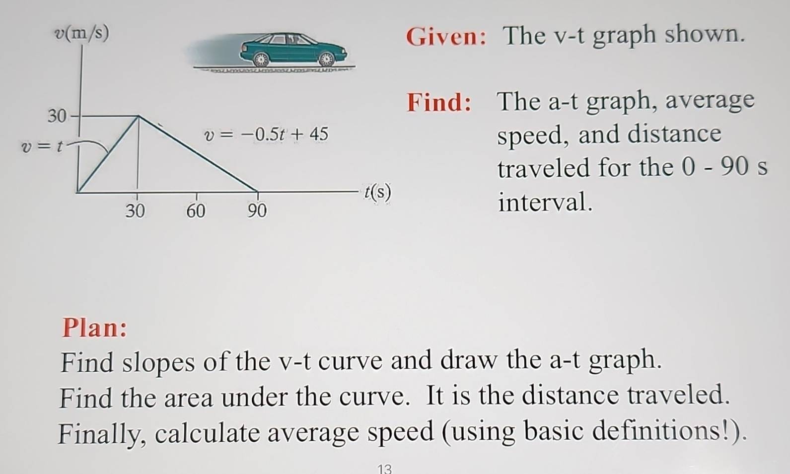 v(m/s) Given: The v-t graph shown. 
30 
Find: The a-t graph, average
v=-0.5t+45
v=t
speed, and distance 
traveled for the 0-90s
t(s)
30 60 90
interval. 
Plan: 
Find slopes of the v-t curve and draw the a-t graph. 
Find the area under the curve. It is the distance traveled. 
Finally, calculate average speed (using basic definitions!). 
13