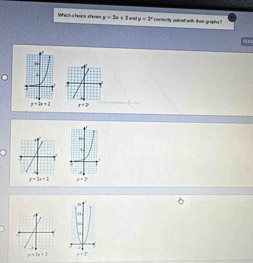 Which choice shows y=2x+2 and y=2^x correctly paired with their graphs?
CLEA

y=2x+2 y=2^x
y=2x+2