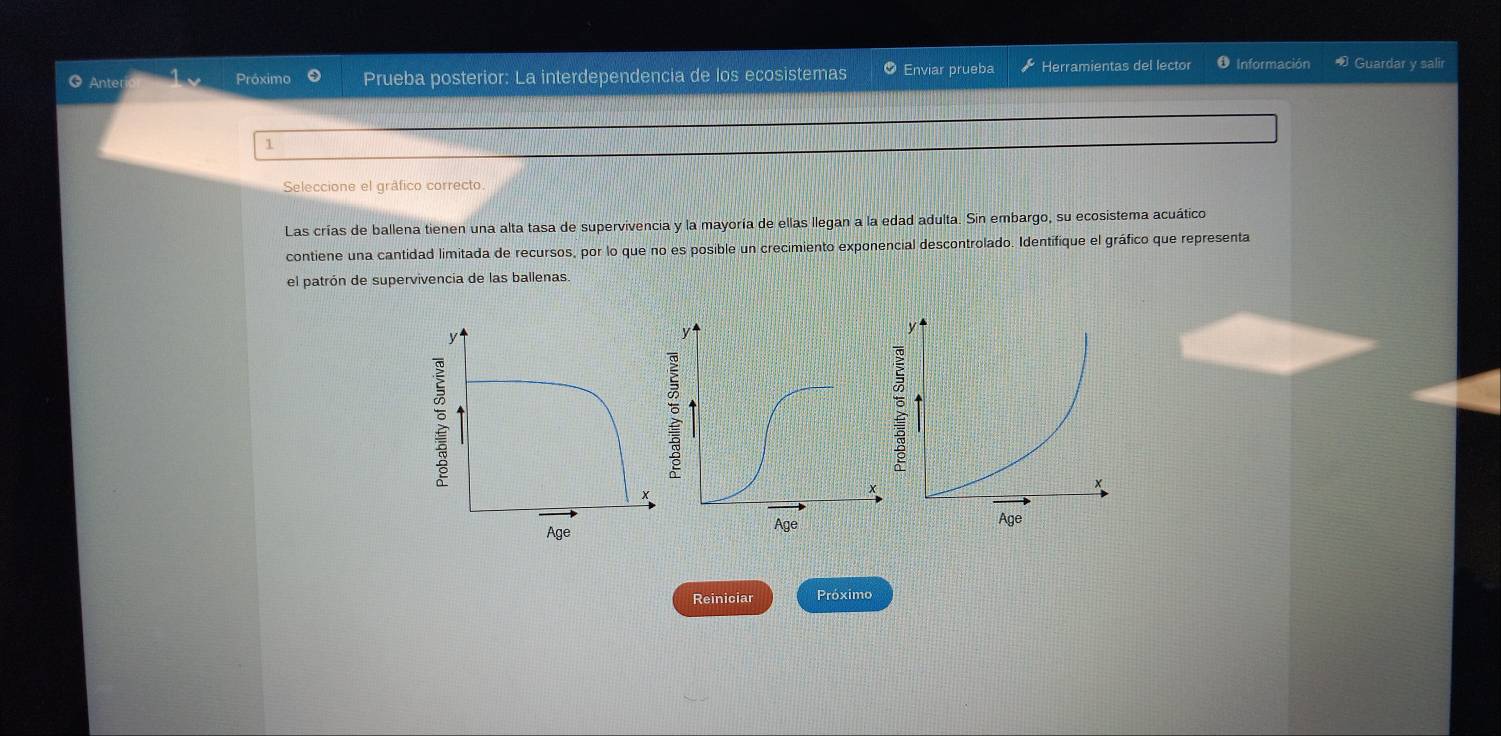 Anter 
Próximo Prueba posterior: La interdependencia de los ecosistemas Enviar prueba Herramientas del lector O Información Guardar y salir 
1 
Seleccione el gráfico correcto 
Las crías de ballena tienen una alta tasa de supervivencia y la mayoría de ellas llegan a la edad adulta. Sin embargo, su ecosistema acuático 
contiene una cantidad limitada de recursos, por lo que no es posible un crecimiento exponencial descontrolado. Identifique el gráfico que representa 
el patrón de supervivencia de las ballenas. 
Reiniciar Próximo