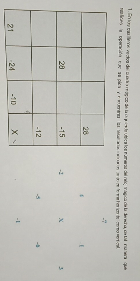 En los casilleros vacíos del cuadro mágico de la izquierda ubica los números del reloj mágico de la derecha, de tal manera que 
realices la operación que se pida y encuentres los resultados indicados tanto en forma horizontal como vertical.
-7
4
-1
-2 X 3
-5 -6
-1