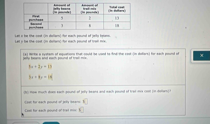 Let x be the cost (in dollars) for each pound of jelly beans.
Let y be the cost (in dollars) for each pound of trail mix.
(a) Write a system of equations that could be used to find the cost (in dollars) for each pound of ×
jelly beans and each pound of trail mix.
5x+2y=13
3x+8y=18
(b) How much does each pound of jelly beans and each pound of trail mix cost (in dollars)?
Cost for each pound of jelly beans: S
Cost for each pound of trail mix: $