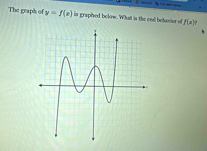 Kahoot Edpuzzle Cool Math Games 
» 
The graph of y=f(x) is graphed below. What is the end behavior of f(x) ?