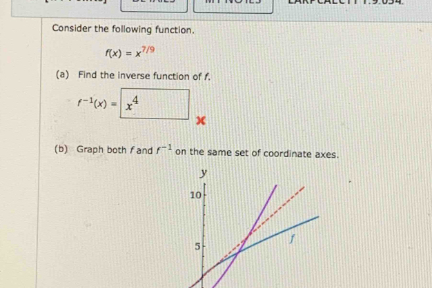 Consider the following function.
f(x)=x^(7/9)
(a) Find the inverse function of f.
f^(-1)(x)=□ x^4 x 
(b) Graph both fand f^(-1) on the same set of coordinate axes.