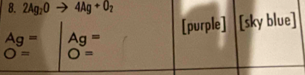2Ag_2Oto 4Ag+O_2
[purple] [sky blue]
Ag= Ag=
O= O=
