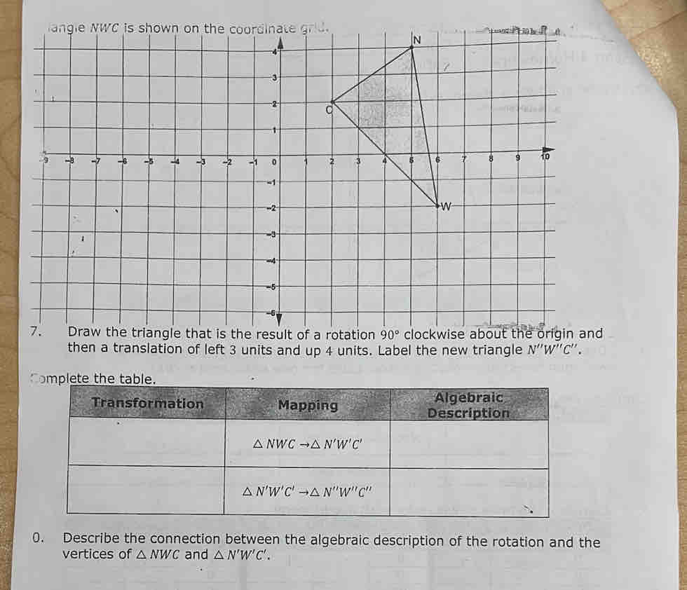 Describe the connection between the algebraic description of the rotation and the
vertices of △ NWC and △ N'W'C'.