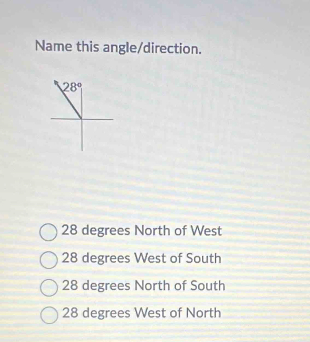 Name this angle/direction.
28 degrees North of West
28 degrees West of South
28 degrees North of South
28 degrees West of North