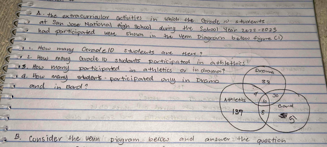 the extracurricular activities in which the Grade 10 students 
at San Jose National tigh school during the School year 2022-2023 
had participated were shown in the vern Diagram below figure(1) 
1. How many Grade10 students are there? 
2. How many Grade 10 students participated in athlethics? 
is. How many participated in athletics ov in drama? Droma 
a. How many student participated only in Drama 38
and in Bad?
30
Athletics l0 
Bond
139 8 
B. consider the vean piagram below and answer the question