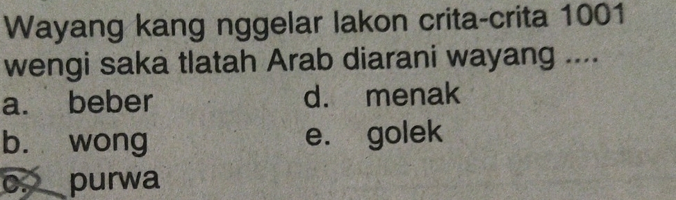 Wayang kang nggelar lakon crita-crita 1001
wengi saka tlatah Arab diarani wayang ....
a. beber d. menak
bù wong e. golek
c. purwa