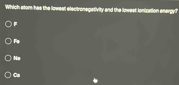 Which atom has the lowest electronegativity and the lowest ionization energy?
F
Fe
Ne
Ca