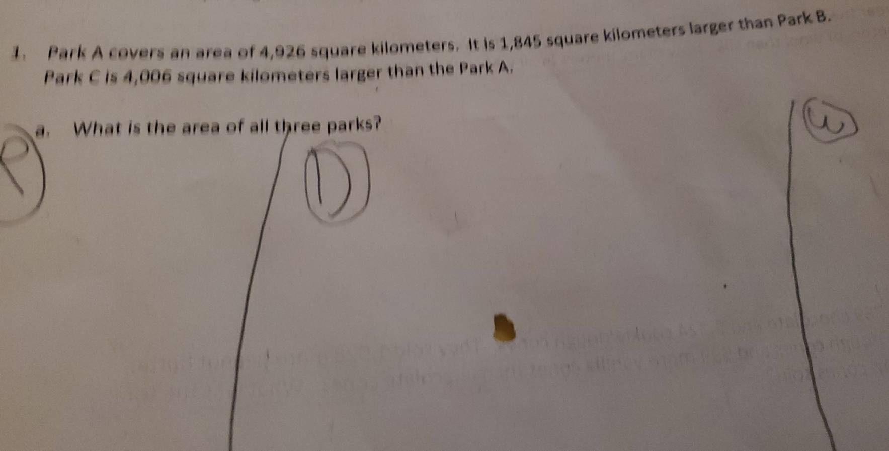 Park A covers an area of 4,926 square kilometers. It is 1,845 square kilometers larger than Park B. 
Park C is 4,006 square kilometers larger than the Park A. 
What is the area of all three parks?