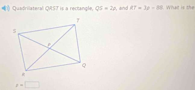 Quadrilateral QRST is a rectangle, QS=2p , and RT=3p-88. What is the
p=□