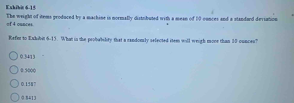 Exhibit 6-15
The weight of items produced by a machine is normally distributed with a mean of 10 ounces and a standard deviation
of 4 ounces.
Refer to Exhibit 6-15. What is the probability that a randomly selected item will weigh more than 10 ounces?
0.3413
0.5000
0.1587
0.8413