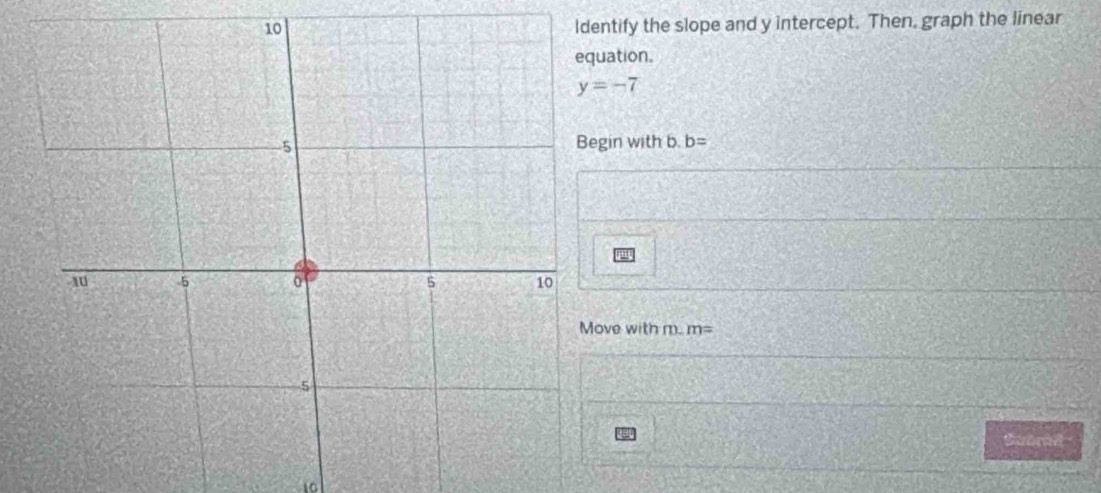 ntify the slope and y intercept. Then, graph the linear 
uation.
y=-7
gin with b. b=
ove with m. m=
Subrie 
10