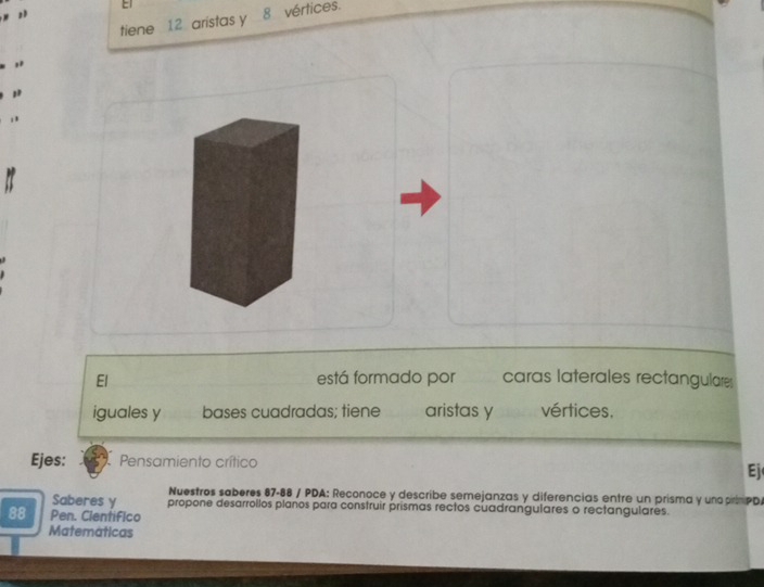 EI 
tiene _ 12 _ aristas y _ 8 _ vértices. 
" 
" 
El está formado por caras laterales rectangulares 
iguales y bases cuadradas; tiene aristas y vértices. 
Ejes: Pensamiento crítico 
Ej 
Nuestros saberes 87-88 / PDA: Reconoce y describe semejanzas y diferencias entre un prisma y un pom PD 
Saberes y propone desarrollos planos para construir prismas rectos cuadrangulares o rectangulares. 
88 Pen. Cientifico 
Matemáticas