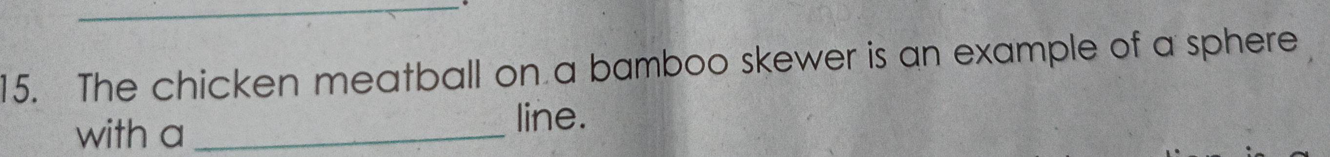 The chicken meatball on a bamboo skewer is an example of a sphere 
with a_ 
line.