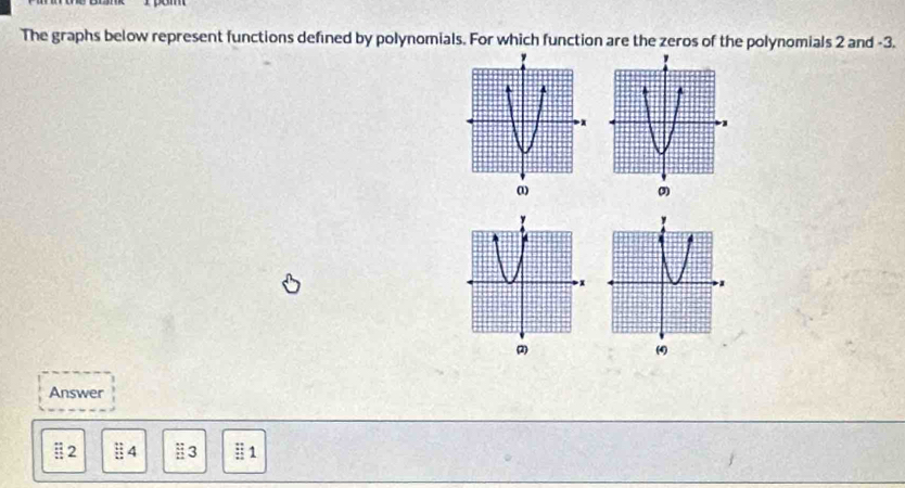 The graphs below represent functions defined by polynomials. For which function are the zeros of the polynomials 2 and -3.
3

Answer
2 4 3