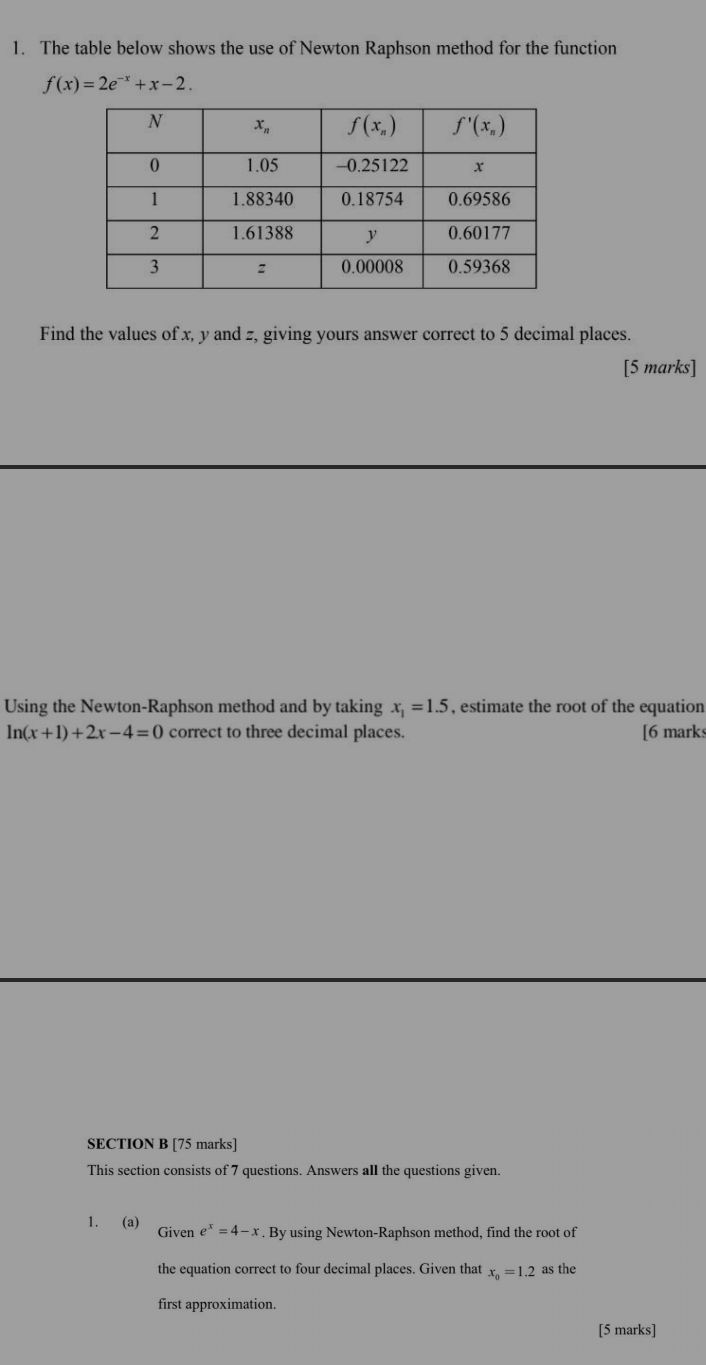 The table below shows the use of Newton Raphson method for the function
f(x)=2e^(-x)+x-2.
Find the values of x, y and z, giving yours answer correct to 5 decimal places.
[5 marks]
Using the Newton-Raphson method and by taking x_1=1.5 , estimate the root of the equation
ln (x+1)+2x-4=0 correct to three decimal places. [6 marks
SECTION B [75 marks]
This section consists of 7 questions. Answers all the questions given.
1. (a) Given e^x=4-x. By using Newton-Raphson method, find the root of
the equation correct to four decimal places. Given that x_0=1.2 as the
first approximation.
[5 marks]