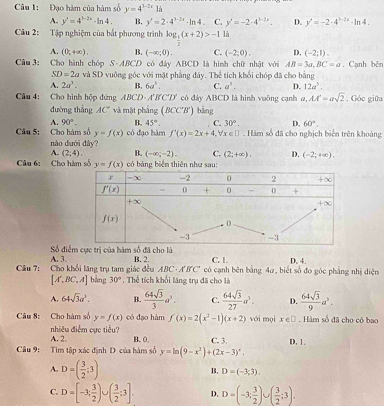 Đạo hàm của hàm số y=4^(3-2x)1a
A. y'=4^(3-2x)· ln 4. B. y'=2· 4^(3-2x)· ln 4 C. y'=-2· 4^(3-2x). D. y'=-2· 4^(3-2x)· ln 4.
Câu 2: Tập nghiệm của bất phương trình log _ 1/2 (x+2)>-1 là
A. (0;+∈fty ). B. (-∈fty ;0). C. (-2;0). D. (-2;1).
Câu  3: Cho hình chóp S·ABCD có đáy ABCD là hình chữ nhật với AB=3a,BC=a. Cạnh bên
SD=2a và SD vuông góc với mặt phẳng đáy. Thể tích khối chóp đã cho bằng
A. 2a^3. B. 6a^3. C. a^3. D. 12a^3.
Câu 4: Cho hình hộp đứng ABCD A'B'C'D' có đáy ABCD là hình vuông cạnh a,AA'=asqrt(2). Góc giữa
đường thắng AC' và mặt phắng (BCC'B') bằng
A. 90°. B. 45°. C. 30°. D. 60°.
Câu 5: Cho hàm số y=f(x) có đạo hàm f'(x)=2x+4,forall x∈ □. Hàm số đã cho nghịch biến trên khoảng
nào dưới đây?
A. (2;4). B. (-∈fty ;-2). C. (2;+∈fty ). D. (-2;+∈fty ).
Câu 6: Cho hàm số y=f(x) có bảng biến thiên như sau:
Số điểmực trị của hàm số đã cho là
A. 3. B. 2. C. 1. D. 4.
Câu 7: Cho khối lăng trụ tam giác đều ABC· A'B'C' có cạnh bên bằng 4a, biết số đo góc phẳng nhị điện
[A',BC,A] bằng 30°. Thể tích khối lăng trụ đã cho là
A. 64sqrt(3)a^3. B.  64sqrt(3)/3 a^3. C.  64sqrt(3)/27 a^3. D.  64sqrt(3)/9 a^3.
Câu 8: Cho hàm số y=f(x) có đạo hàm f'(x)=2(x^2-1)(x+2) với mọi x∈ □. Hàm số đã cho có bao
nhiêu điểm cực tiểu?
A. 2. B. 0. C. 3. D. 1.
Câu 9: :Tìm tập xác định D của hàm số y=ln (9-x^2)+(2x-3)^π .
A. D=( 3/2 ;3)
B. D=(-3;3).
C. D=[-3; 3/2 )∪ ( 3/2 ;3]. D=(-3; 3/2 )∪ ( 3/2 ;3).
D.