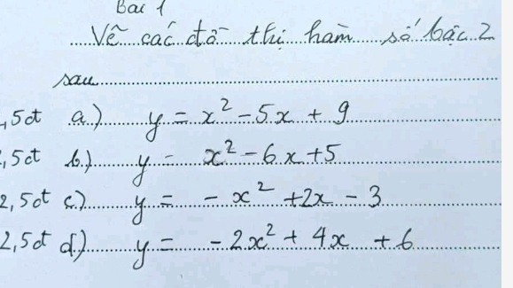 Bai 1 
Ve cac do thi ham só bacz 
Aaw 
sat a ). y=x^2-5x+9
, 5 ct 6. 1. y=x^2-6x+5
2, 5ot (. ). y=-x^2+2x-3
2, 5d d) y=-2x^2+4x+6