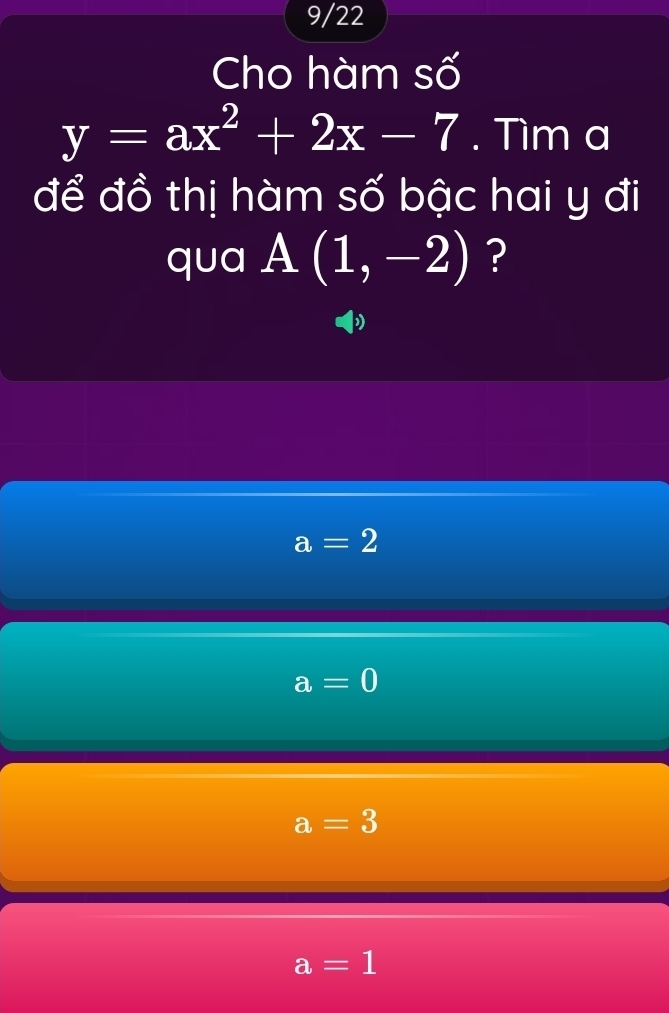 9/22
Cho hàm số
y=ax^2+2x-7. Tìm a
để đồ thị hàm số bậc hai y đi
qua A(1,-2) ?
a=2
a=0
a=3
a=1