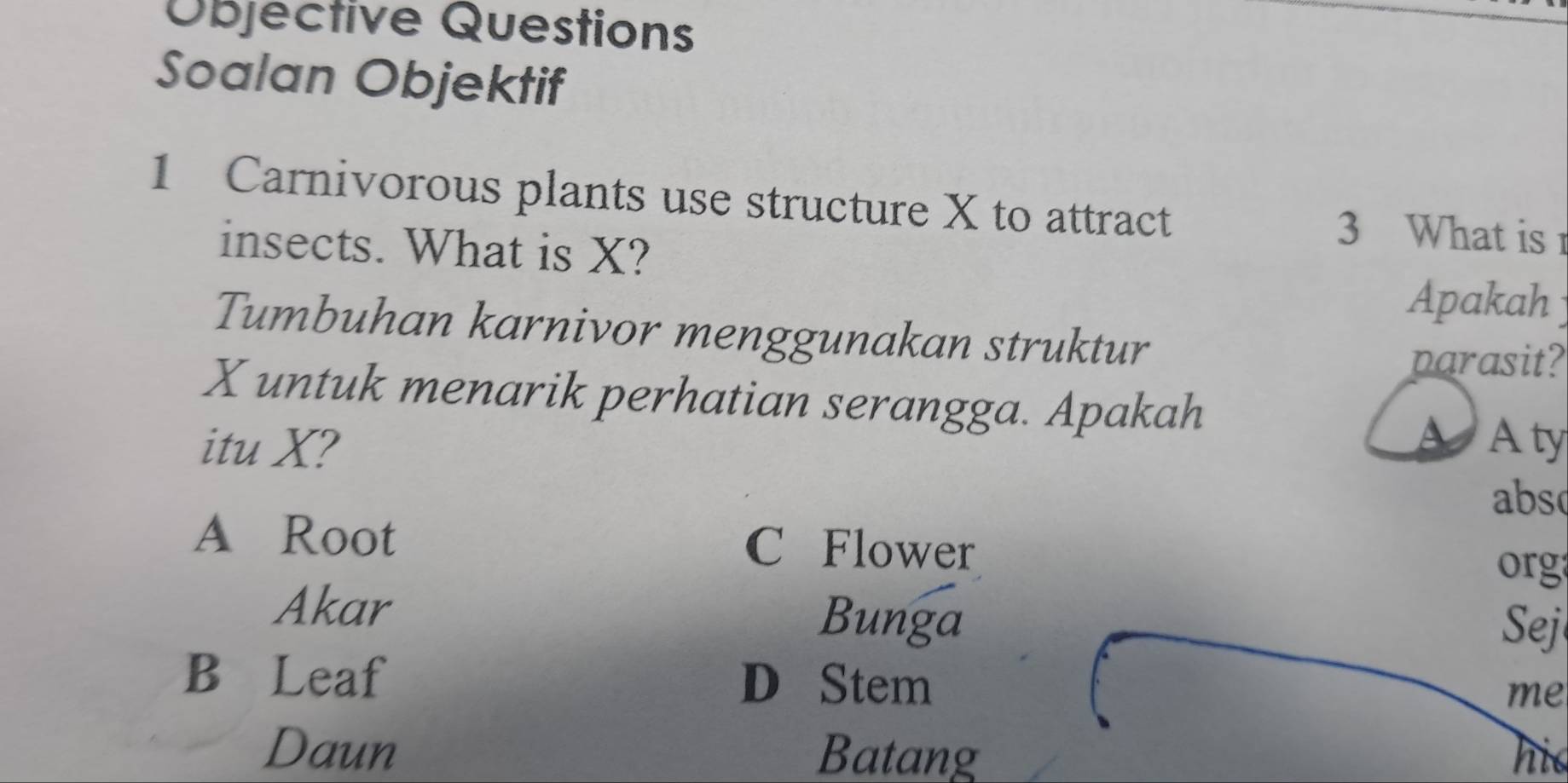 Übjective Questions
Soalan Objektif
1 Carnivorous plants use structure X to attract 3 What is
insects. What is X?
Apakah 
Tumbuhan karnivor menggunakan struktur
parasit?
X untuk menarik perhatian serangga. Apakah
itu X? AAty
abso
A Root C Flower org
Akar Bunga
Sej
B Leaf D Stem
me
Daun Batang