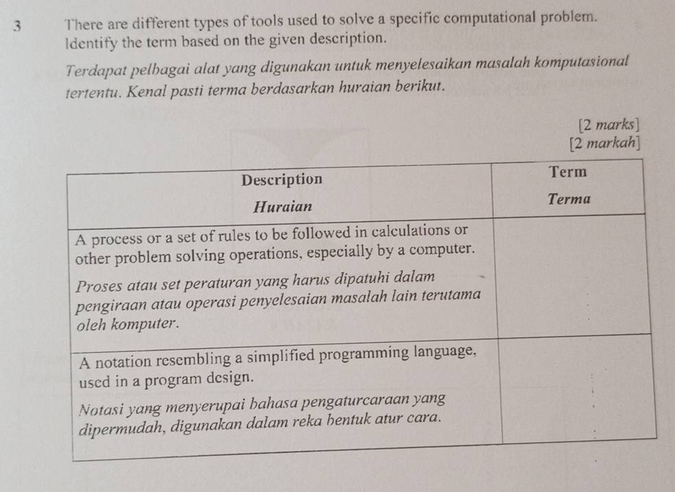 There are different types of tools used to solve a specific computational problem. 
ldentify the term based on the given description. 
Terdapat pelbagai alat yang digunakan untuk menyelesaikan masalah komputasional 
tertentu. Kenal pasti terma berdasarkan huraian berikut.